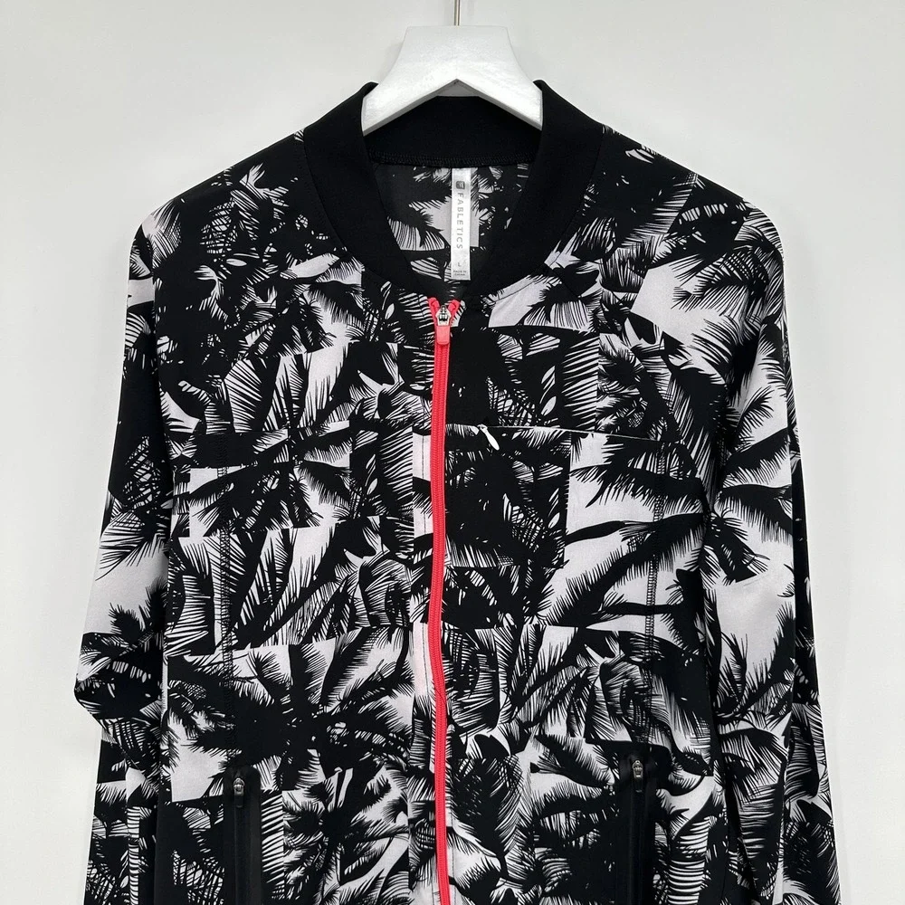 Fabletics Jacket Womens Large Black White Palm Print Full Zip Athletic Pockets‎